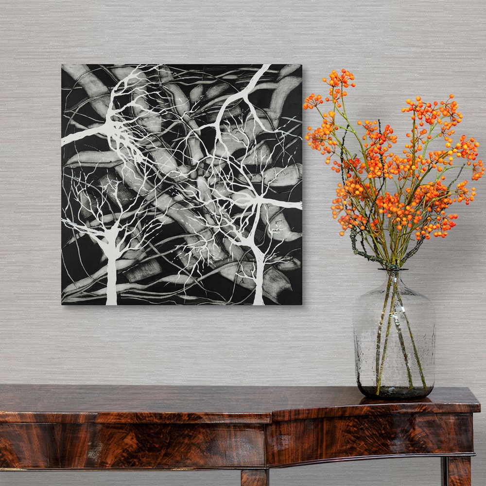 A traditional room featuring Painting on canvas of natural form in black and white.