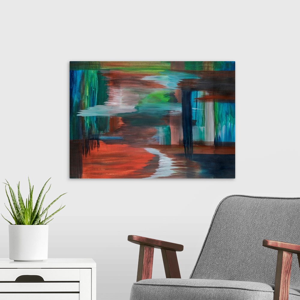 A modern room featuring Painting on paper of two vivid landscapes merging.