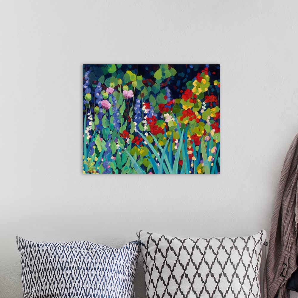 A bohemian room featuring An assortment of flowers and foliage in a garden with a dark background, painting in an impressio...