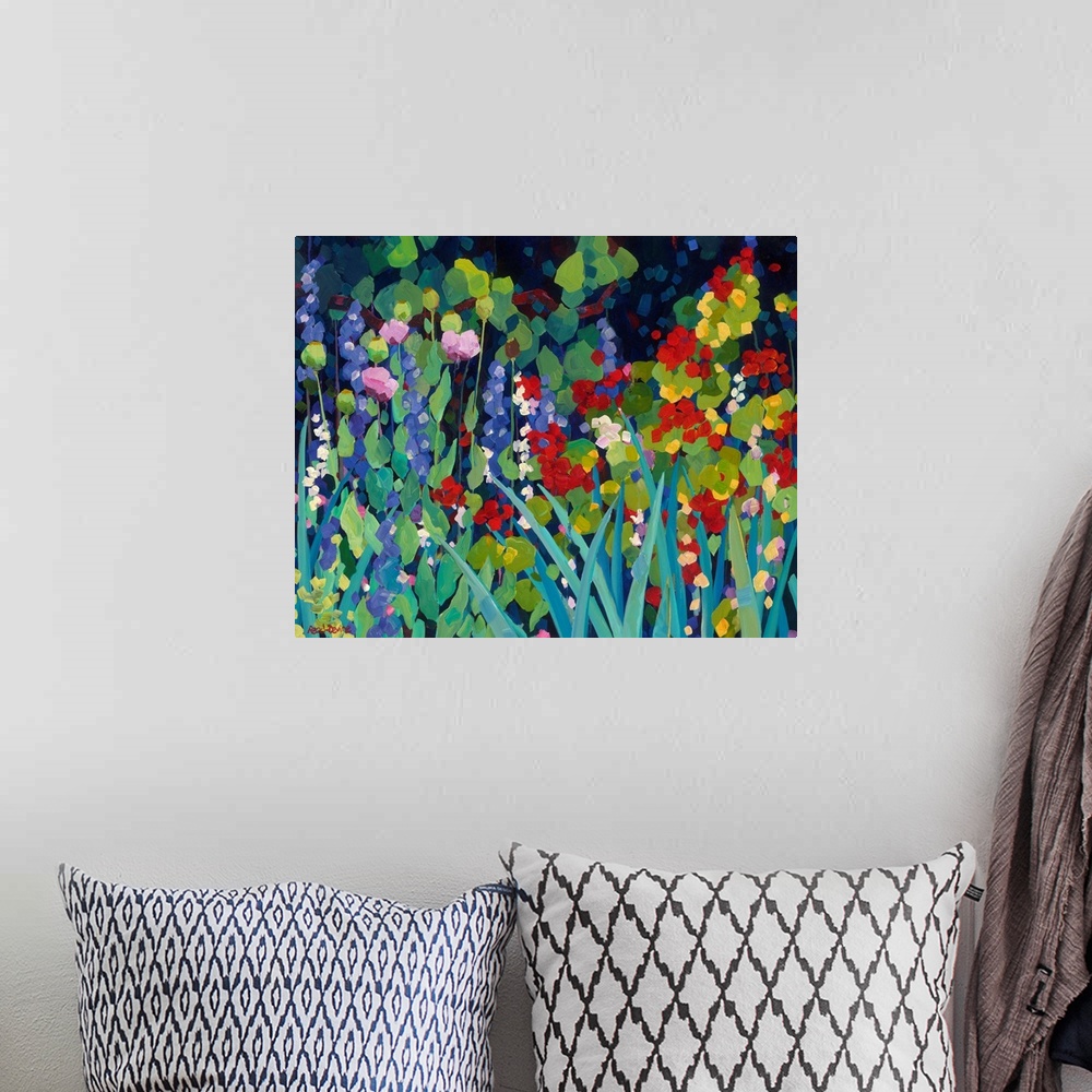 A bohemian room featuring An assortment of flowers and foliage in a garden with a dark background, painting in an impressio...