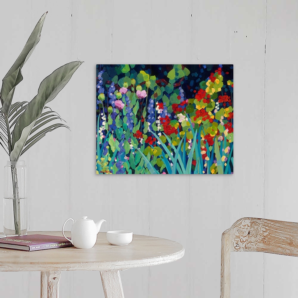 A farmhouse room featuring An assortment of flowers and foliage in a garden with a dark background, painting in an impressio...