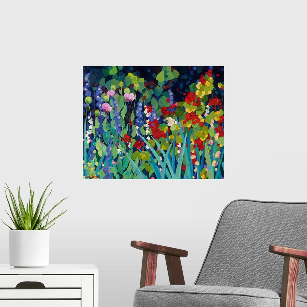 A modern room featuring An assortment of flowers and foliage in a garden with a dark background, painting in an impressio...