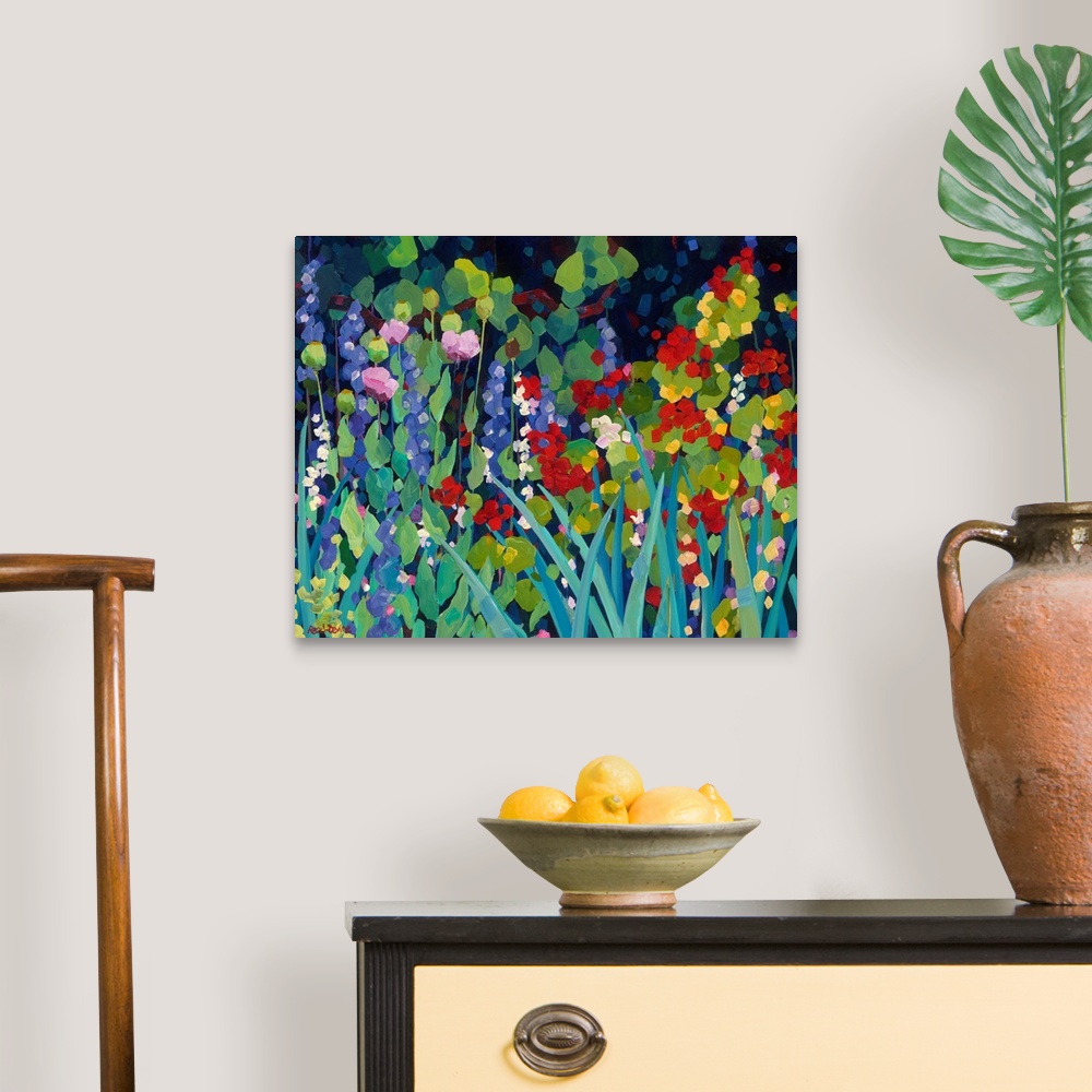 A traditional room featuring An assortment of flowers and foliage in a garden with a dark background, painting in an impressio...