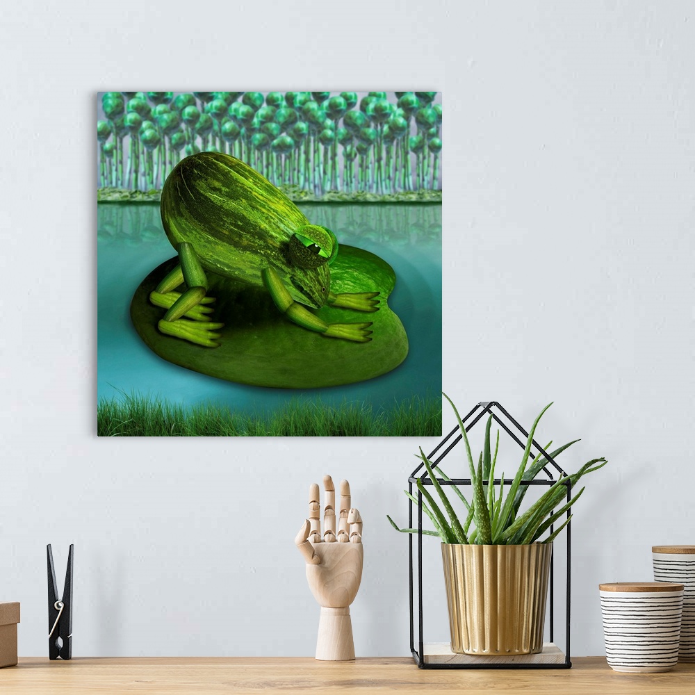 A bohemian room featuring For all yoga fans who relate to downward dog, here is downward frog, on a water lily.
