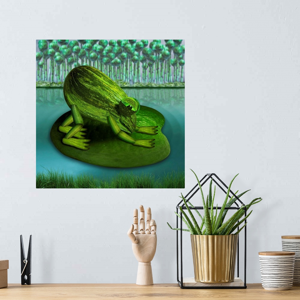 A bohemian room featuring For all yoga fans who relate to downward dog, here is downward frog, on a water lily.