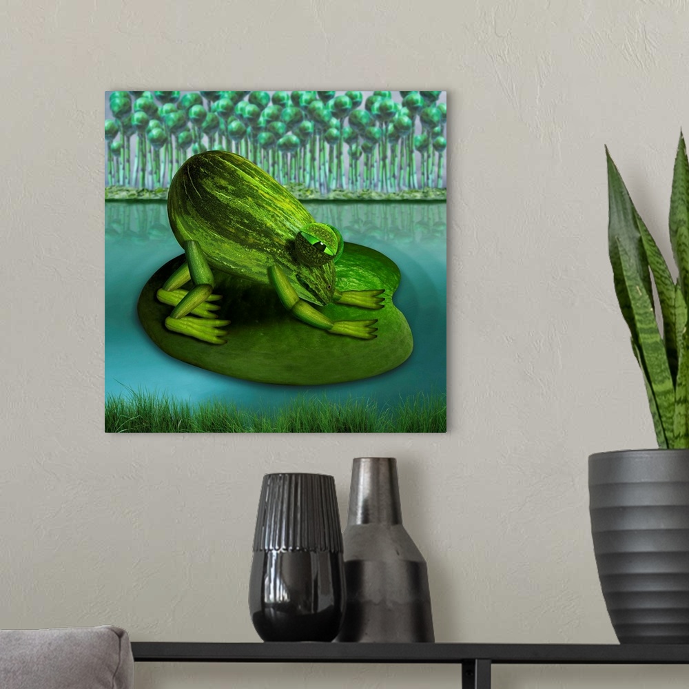 A modern room featuring For all yoga fans who relate to downward dog, here is downward frog, on a water lily.