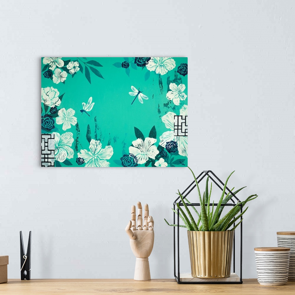 A bohemian room featuring Painting of two dragonflies flying in garden of hibiscus with turqoise background.