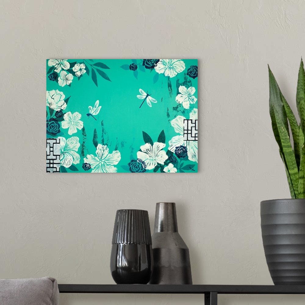 A modern room featuring Painting of two dragonflies flying in garden of hibiscus with turqoise background.