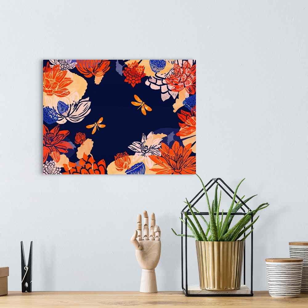 A bohemian room featuring Mixed media of two dragonflies in garden of lotuses and pods.