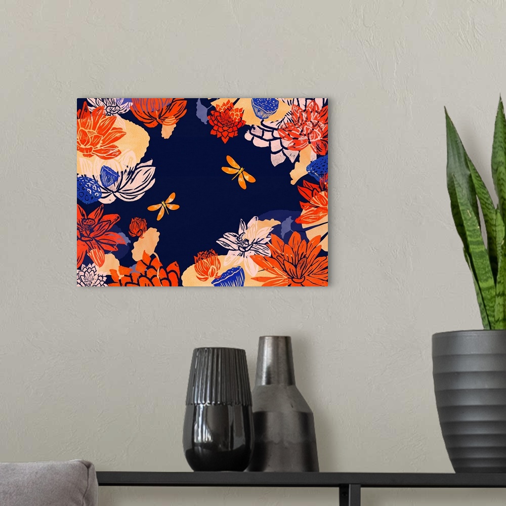 A modern room featuring Mixed media of two dragonflies in garden of lotuses and pods.