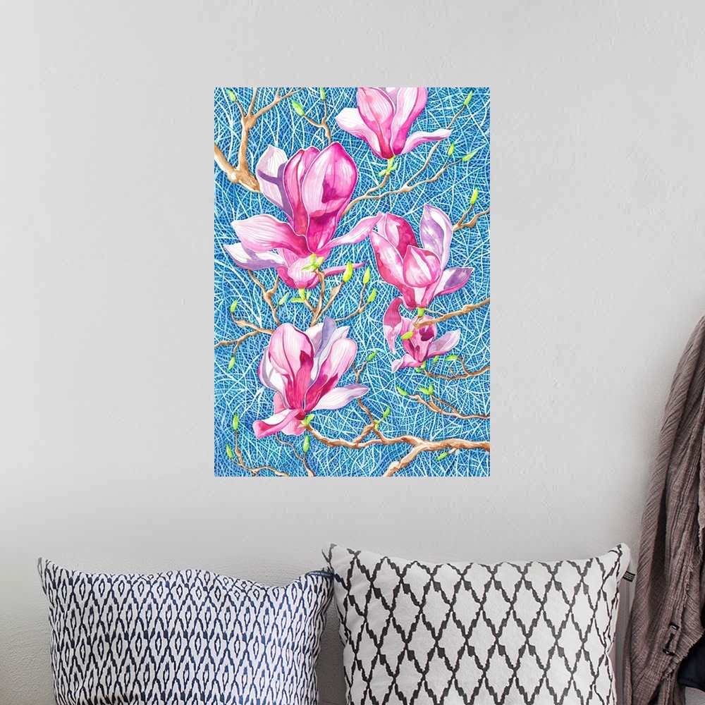 A bohemian room featuring Beautiful pink magnolia flowers blooming in the clear blue sky, tried to capture the dreamy pink ...