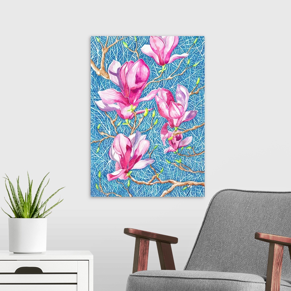 A modern room featuring Beautiful pink magnolia flowers blooming in the clear blue sky, tried to capture the dreamy pink ...