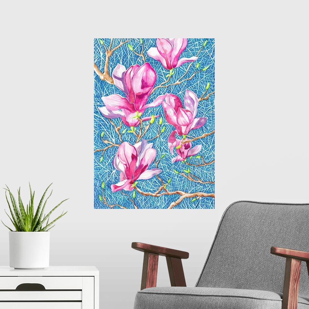 A modern room featuring Beautiful pink magnolia flowers blooming in the clear blue sky, tried to capture the dreamy pink ...