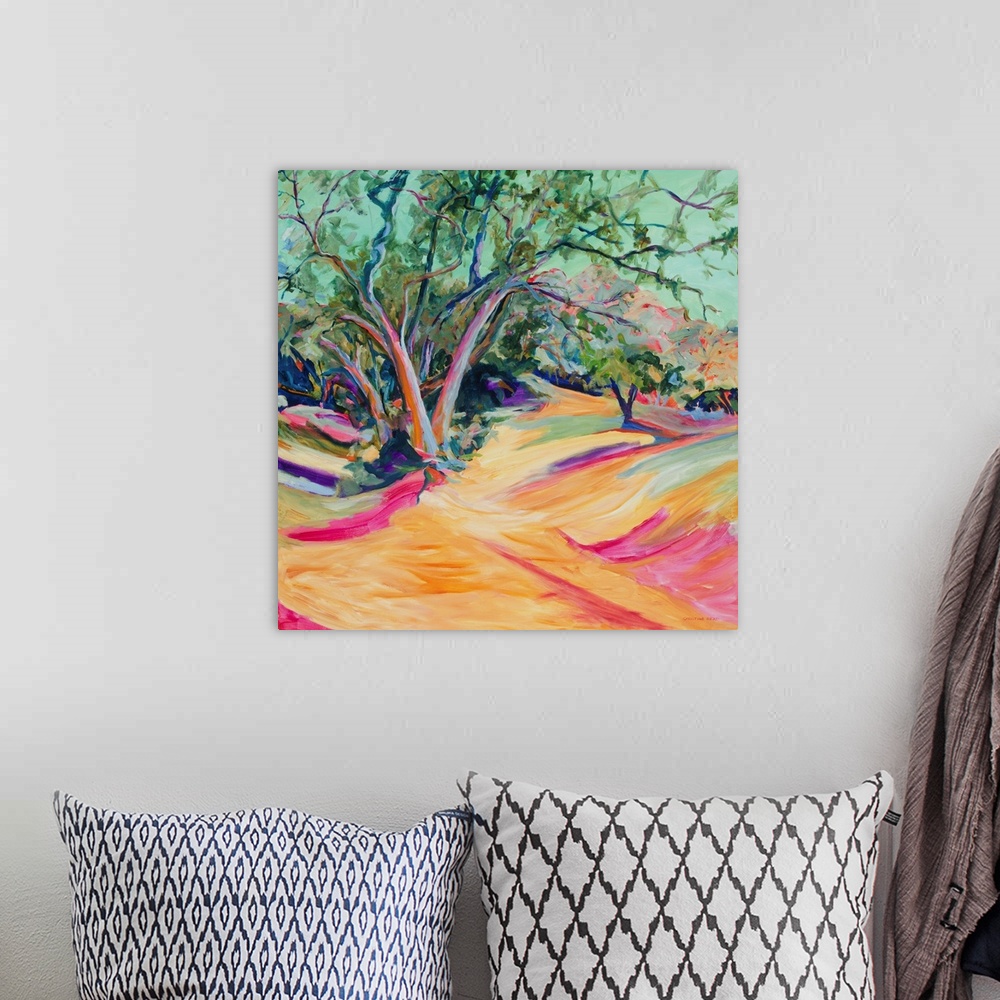 A bohemian room featuring A contemporary landscape with trees in an outback and a pink creek bed with deep shadows.