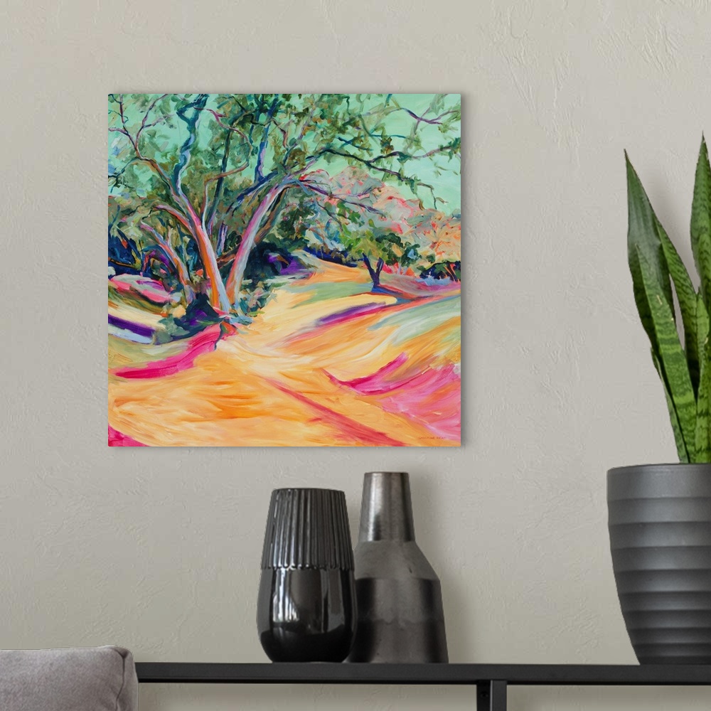 A modern room featuring A contemporary landscape with trees in an outback and a pink creek bed with deep shadows.