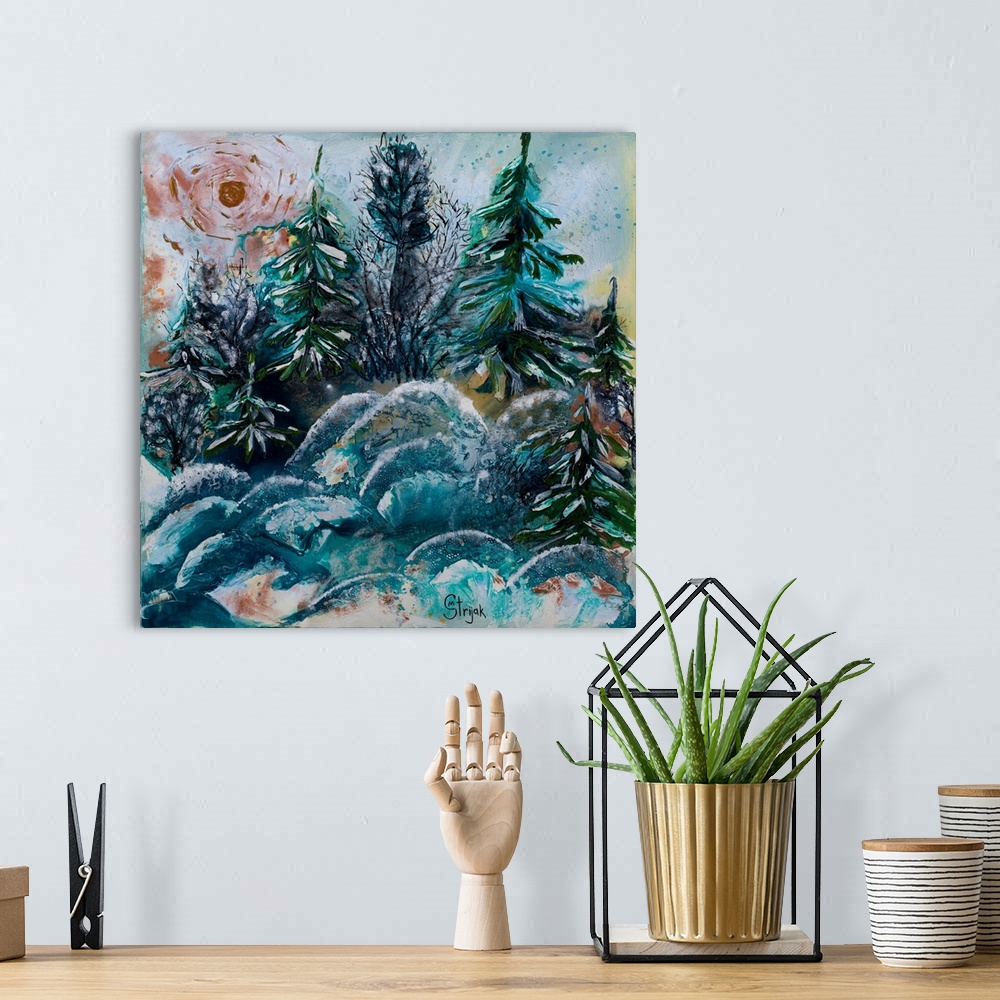 A bohemian room featuring Painting of the evergreen pine trees in a snow-covered forest, gleaming in the sunlight with emer...