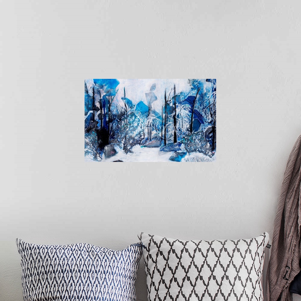 A bohemian room featuring Painting of a winter landscape with the naked trees lurking in blue shadows amidst the heaps of s...