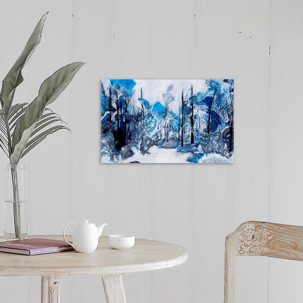 A farmhouse room featuring Painting of a winter landscape with the naked trees lurking in blue shadows amidst the heaps of s...