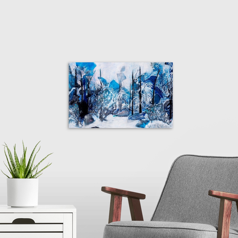 A modern room featuring Painting of a winter landscape with the naked trees lurking in blue shadows amidst the heaps of s...