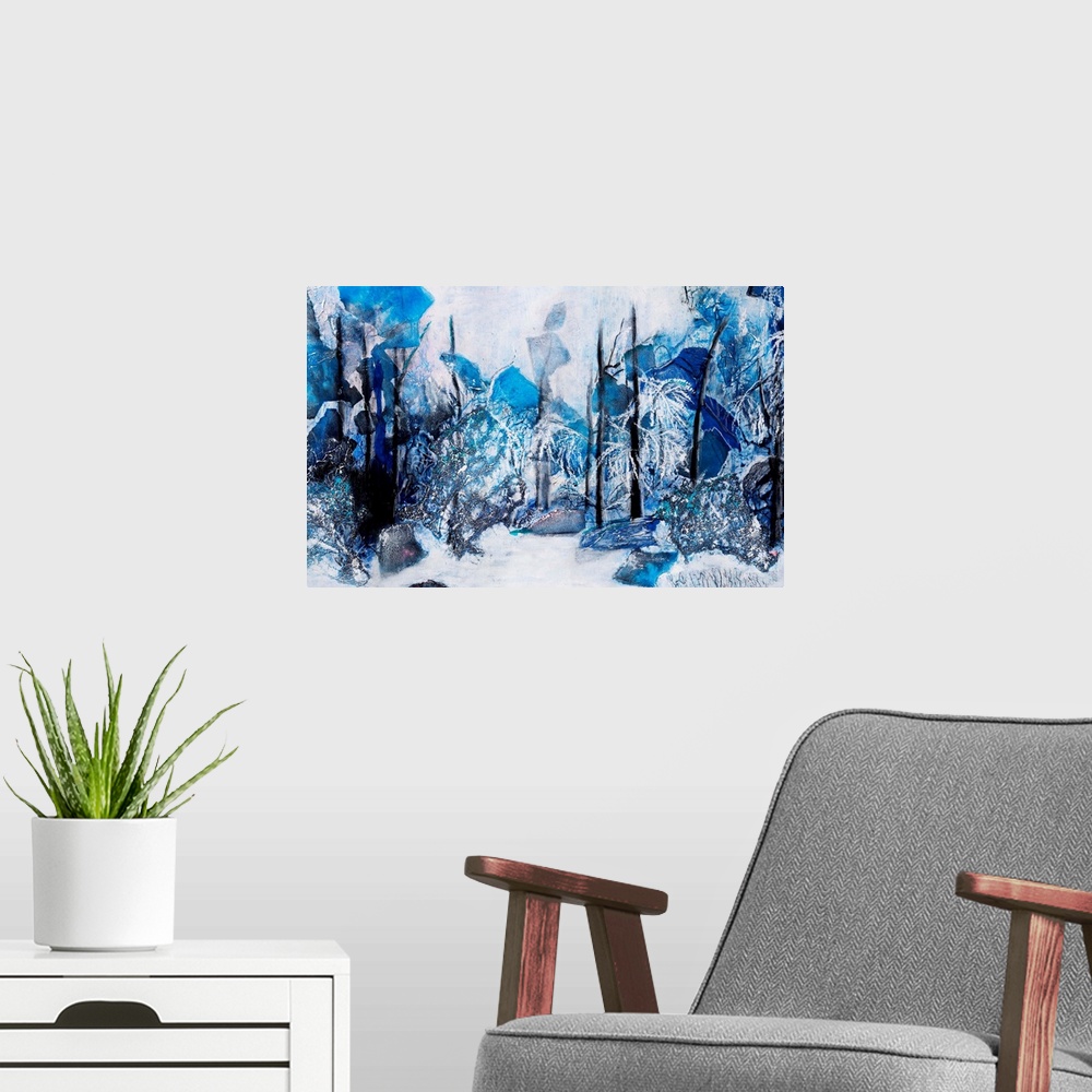 A modern room featuring Painting of a winter landscape with the naked trees lurking in blue shadows amidst the heaps of s...