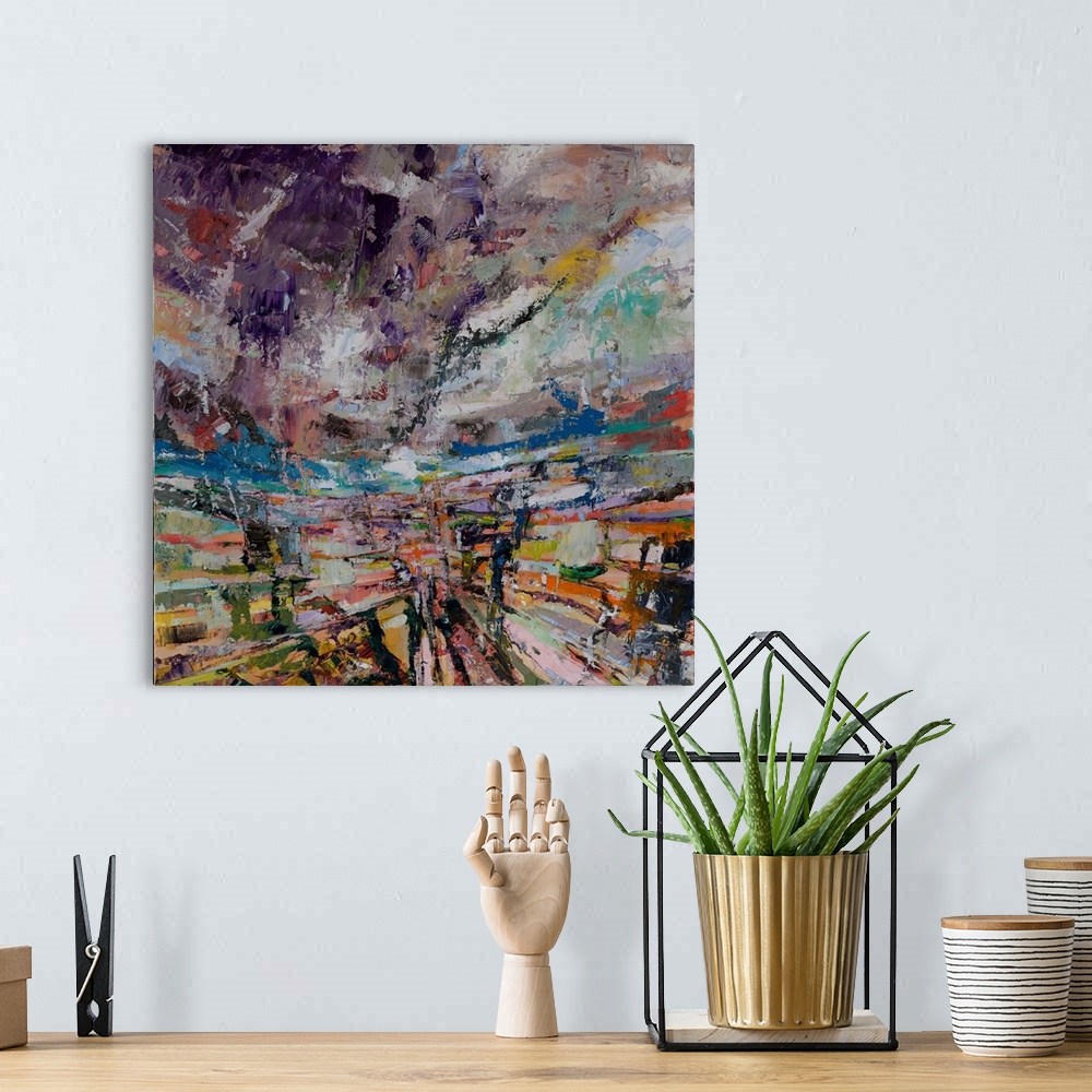 A bohemian room featuring An abstract landscape - gazing into the vanishing horizon; every tine I am missing you. Dramatica...