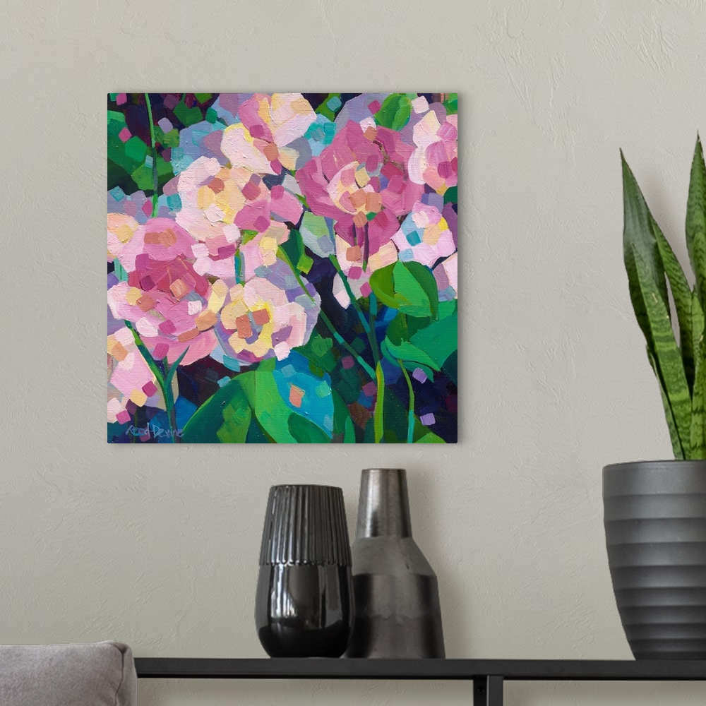 A modern room featuring Abstracted close up painting of pink roses and green leaves on a dark background.