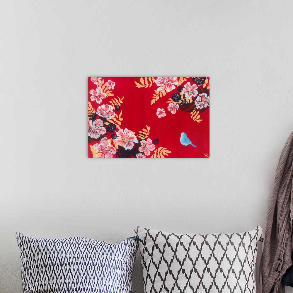 A bohemian room featuring Painting of blue bird singing in a garden of hibiscus against red background.