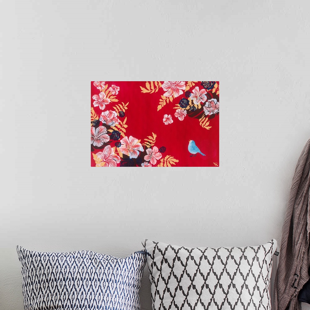 A bohemian room featuring Painting of blue bird singing in a garden of hibiscus against red background.
