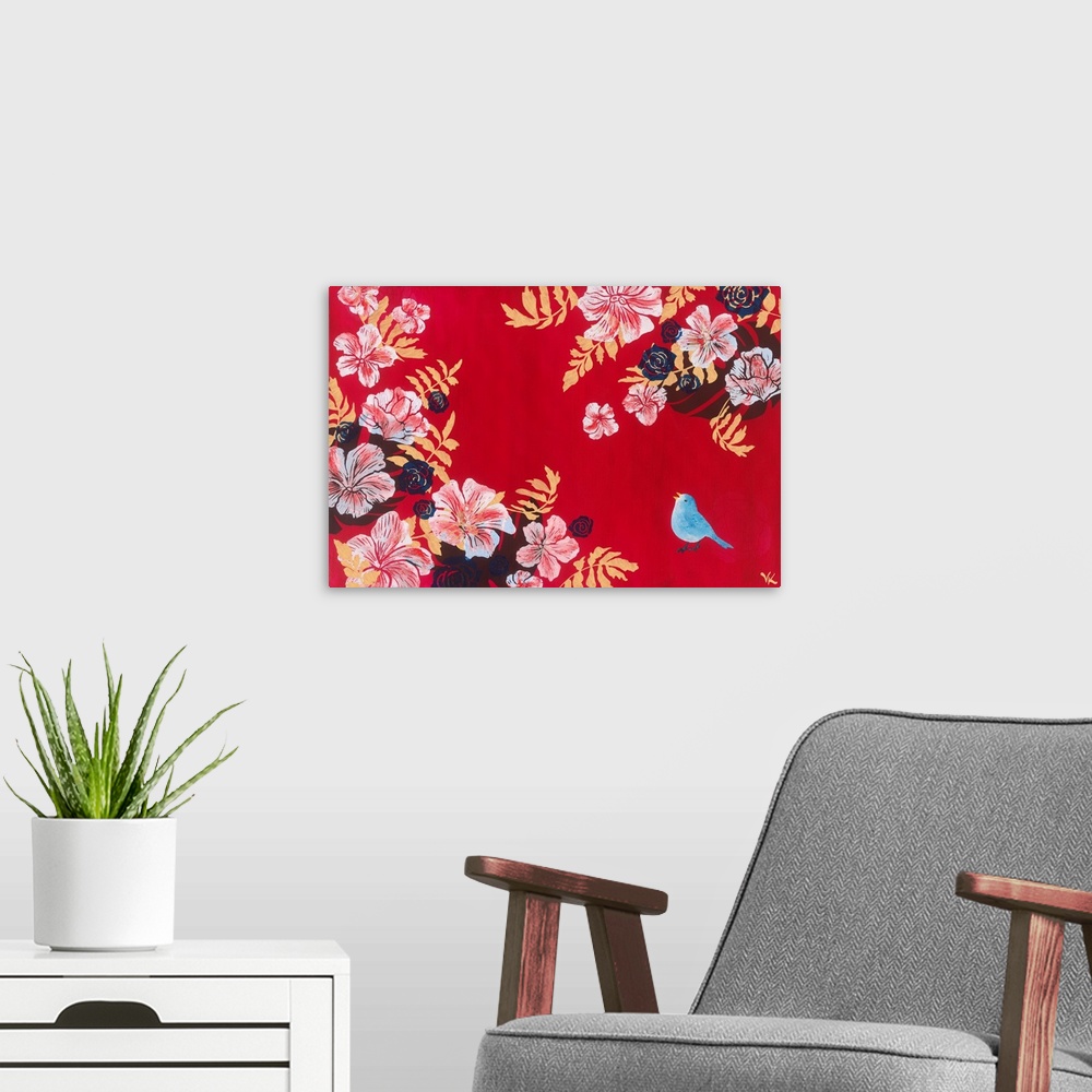 A modern room featuring Painting of blue bird singing in a garden of hibiscus against red background.