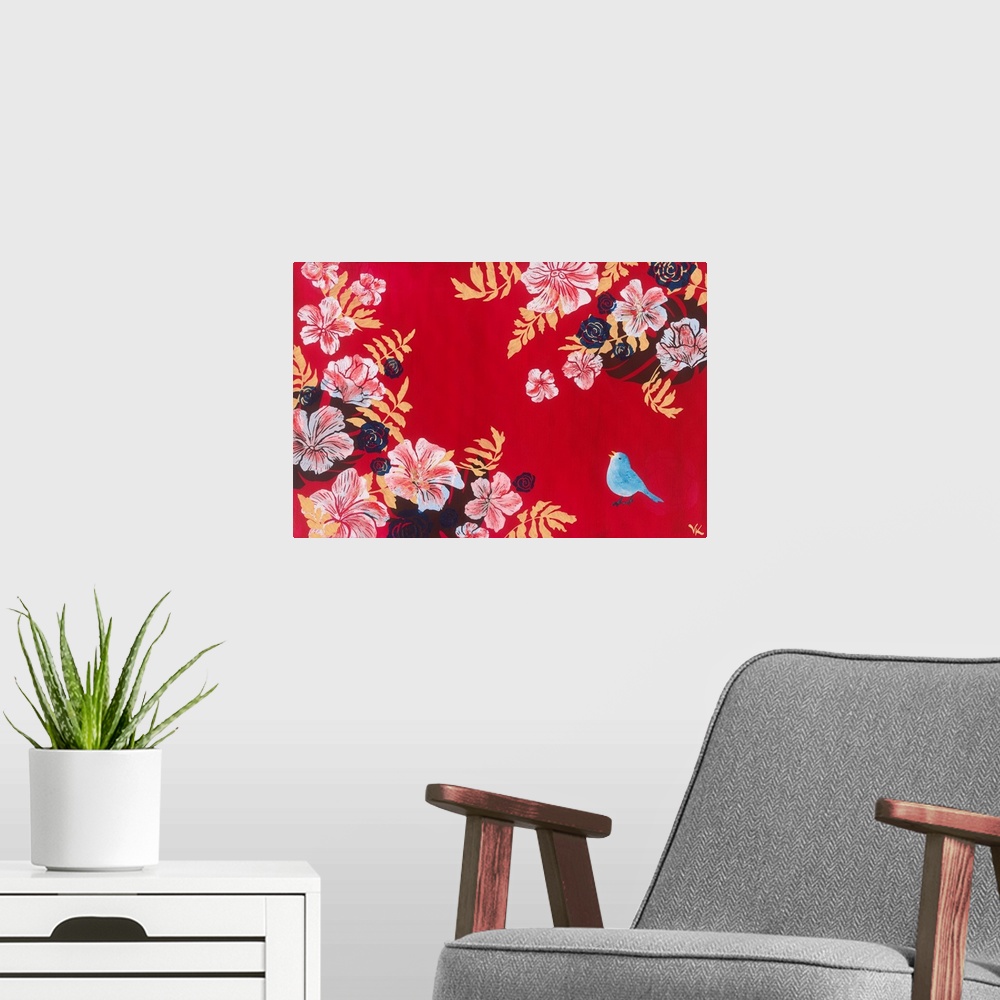 A modern room featuring Painting of blue bird singing in a garden of hibiscus against red background.