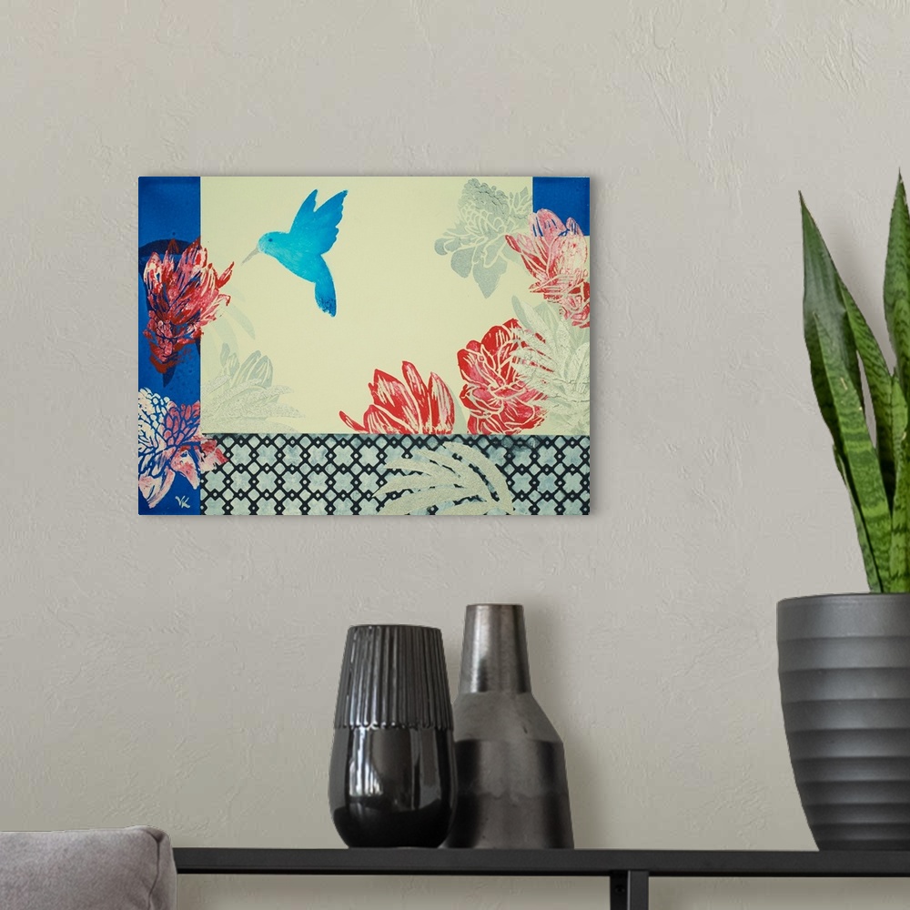A modern room featuring Painting of hummingbird in garden of ginger flowers with ivory background and cobalt accents.