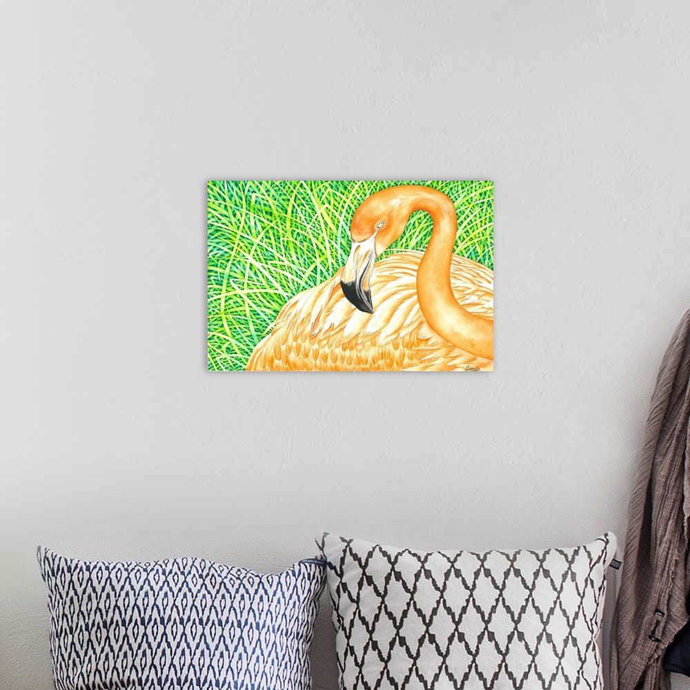 A bohemian room featuring Orange flamingo bird is resting on the grass, tried to capture the summer colors in watercolor on...