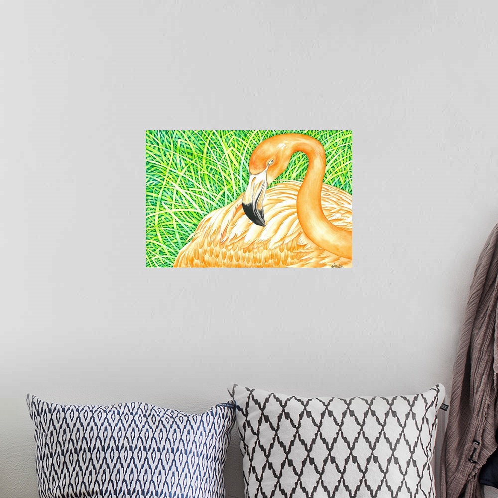 A bohemian room featuring Orange flamingo bird is resting on the grass, tried to capture the summer colors in watercolor on...