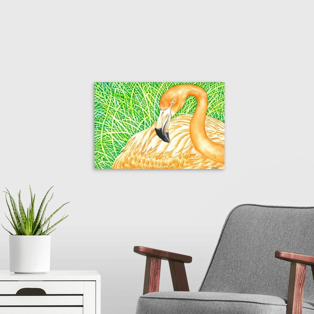 A modern room featuring Orange flamingo bird is resting on the grass, tried to capture the summer colors in watercolor on...