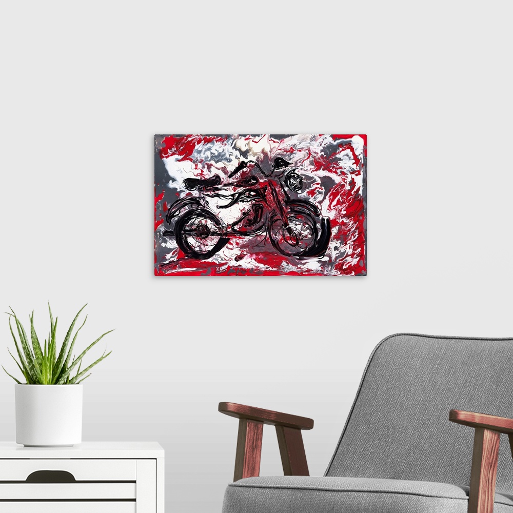 A modern room featuring Pour painting of a motorcycle engulfed in a scarlet fire capturing the vehicle's cult status and ...
