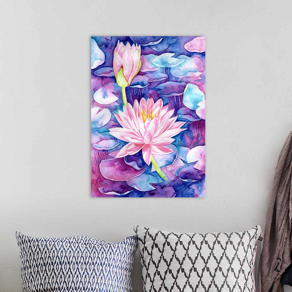 A bohemian room featuring A bright pink water lily is floating on a dreamy blue and velvety purple water, painted in waterc...