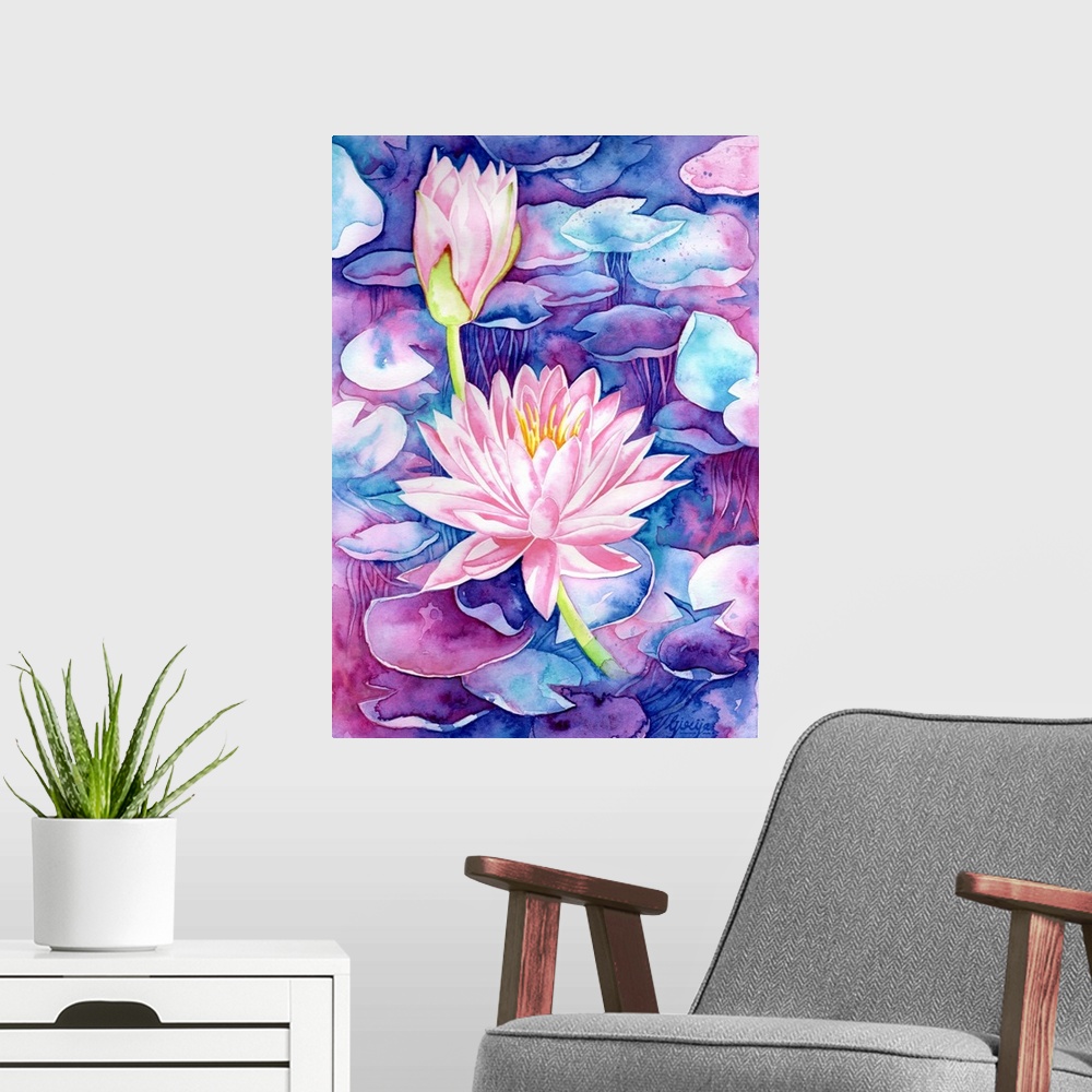 A modern room featuring A bright pink water lily is floating on a dreamy blue and velvety purple water, painted in waterc...