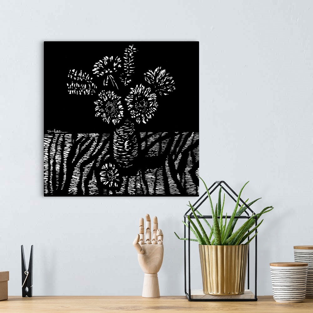 A bohemian room featuring Flowers in a woodcut, 2018 originally acrylic on canvas.