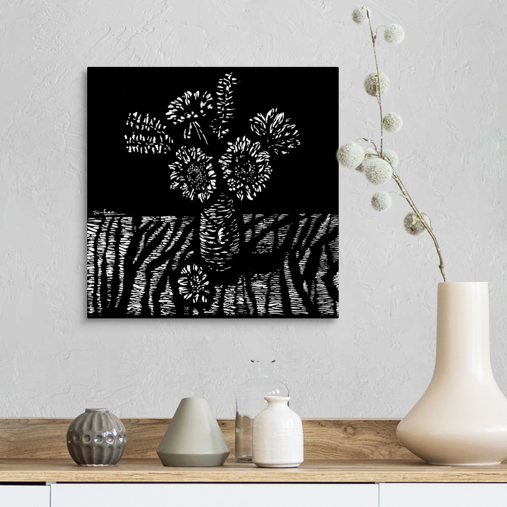 A farmhouse room featuring Flowers in a woodcut, 2018 originally acrylic on canvas.
