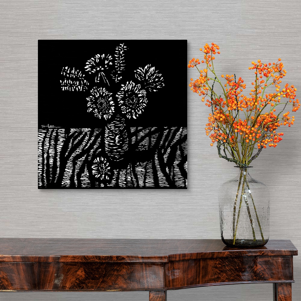 A traditional room featuring Flowers in a woodcut, 2018 originally acrylic on canvas.