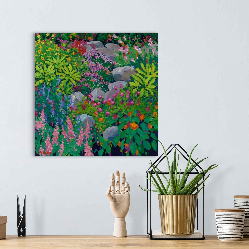 A bohemian room featuring Painting of garden with rocks, ferns, and many colored flowers in bright brushstrokes.