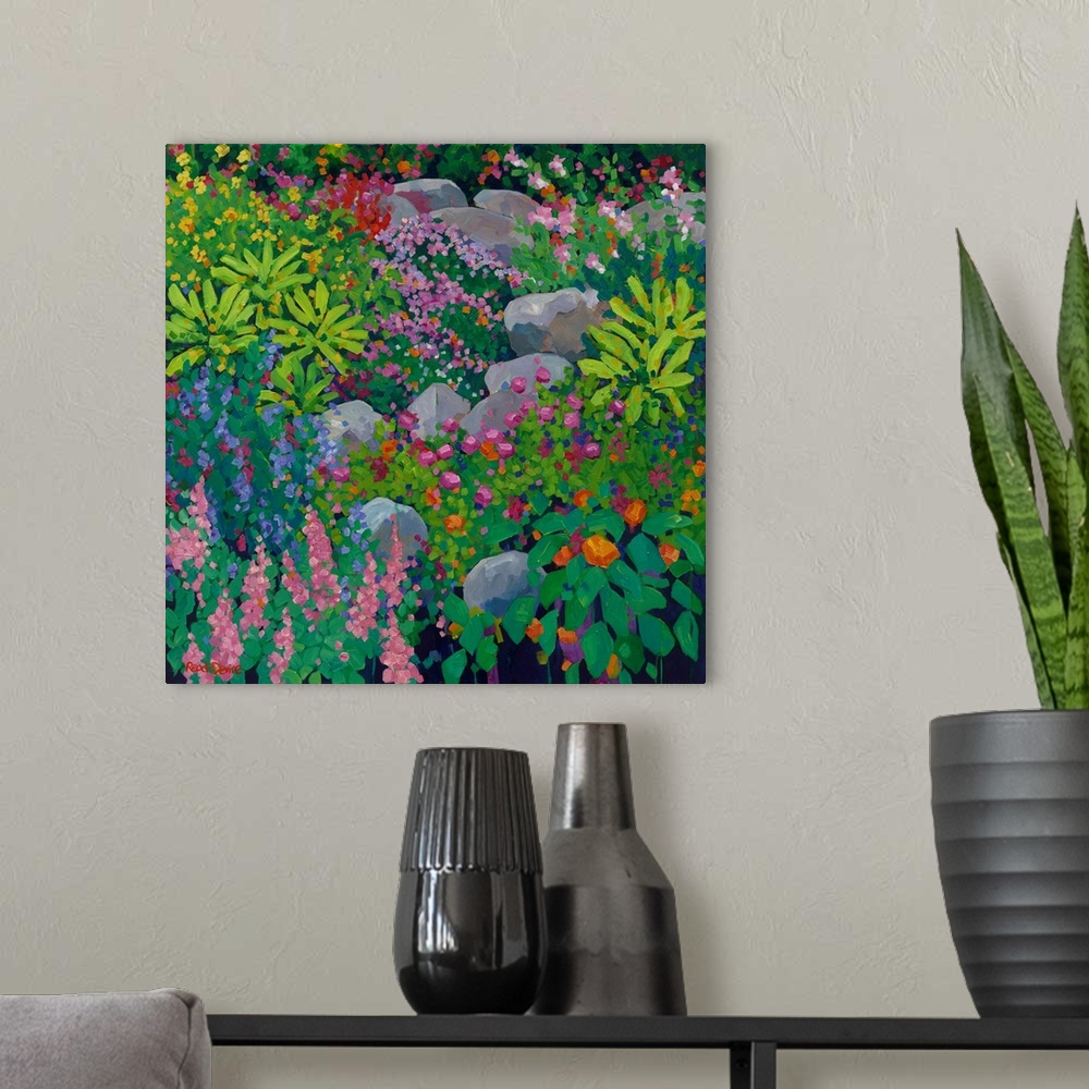 A modern room featuring Painting of garden with rocks, ferns, and many colored flowers in bright brushstrokes.