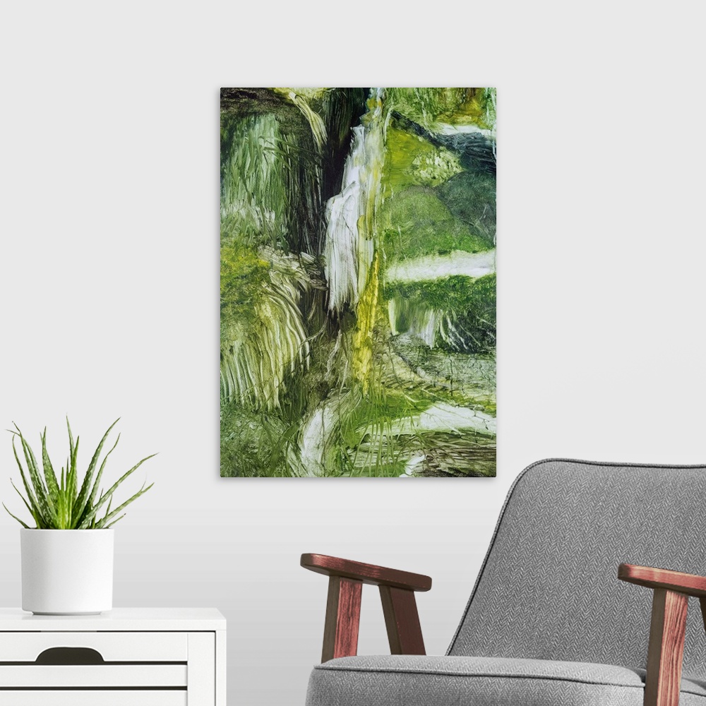 A modern room featuring Painting on paper of a cascading waterfall in the forest.