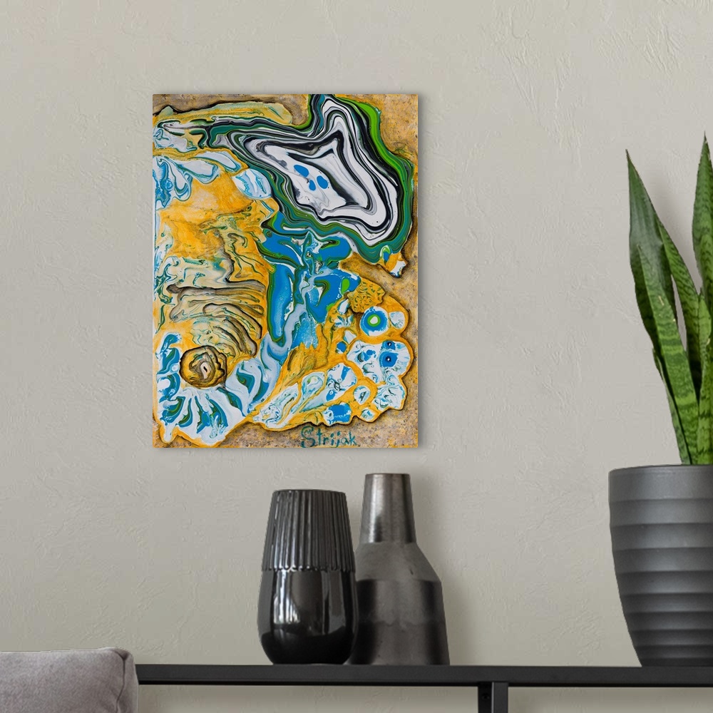 A modern room featuring Pour painting of a fossil using bright colors to depict the cemented remains, skulls and skeleton...