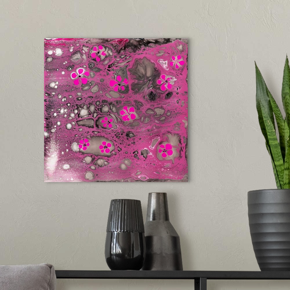 A modern room featuring Abstract pour painting of cherry bloom using saturated pink for flowers at the front and subdued ...