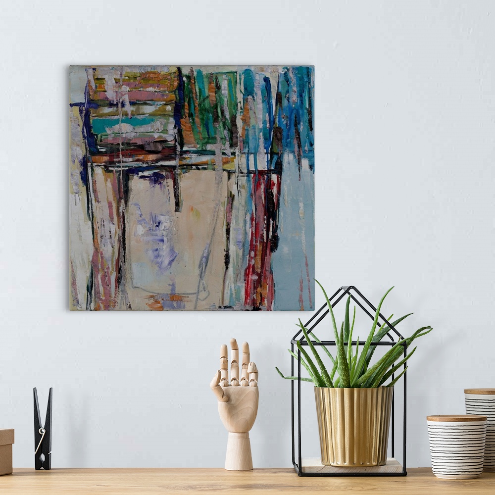 A bohemian room featuring An abstract painting of a play of tonal variations and forms coupled voids; initially created by ...