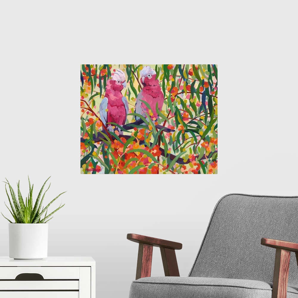 A modern room featuring Impressionist painting of two pink and grey cockatoos sitting in a eucalyptus tree with orange fl...