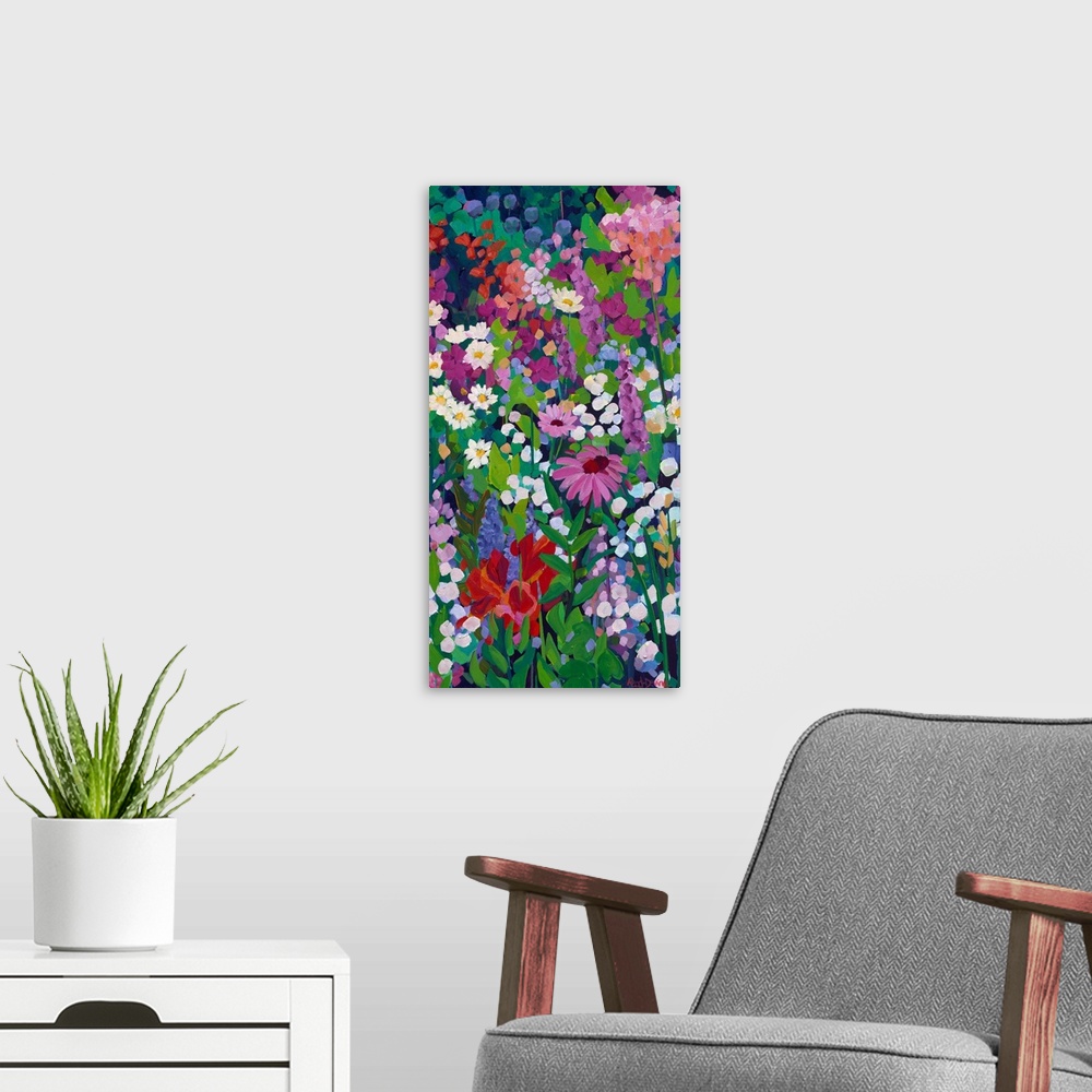 A modern room featuring Tall narrow painting of flowers in a garden with daisies, a pink coneflower and multicolored blooms.
