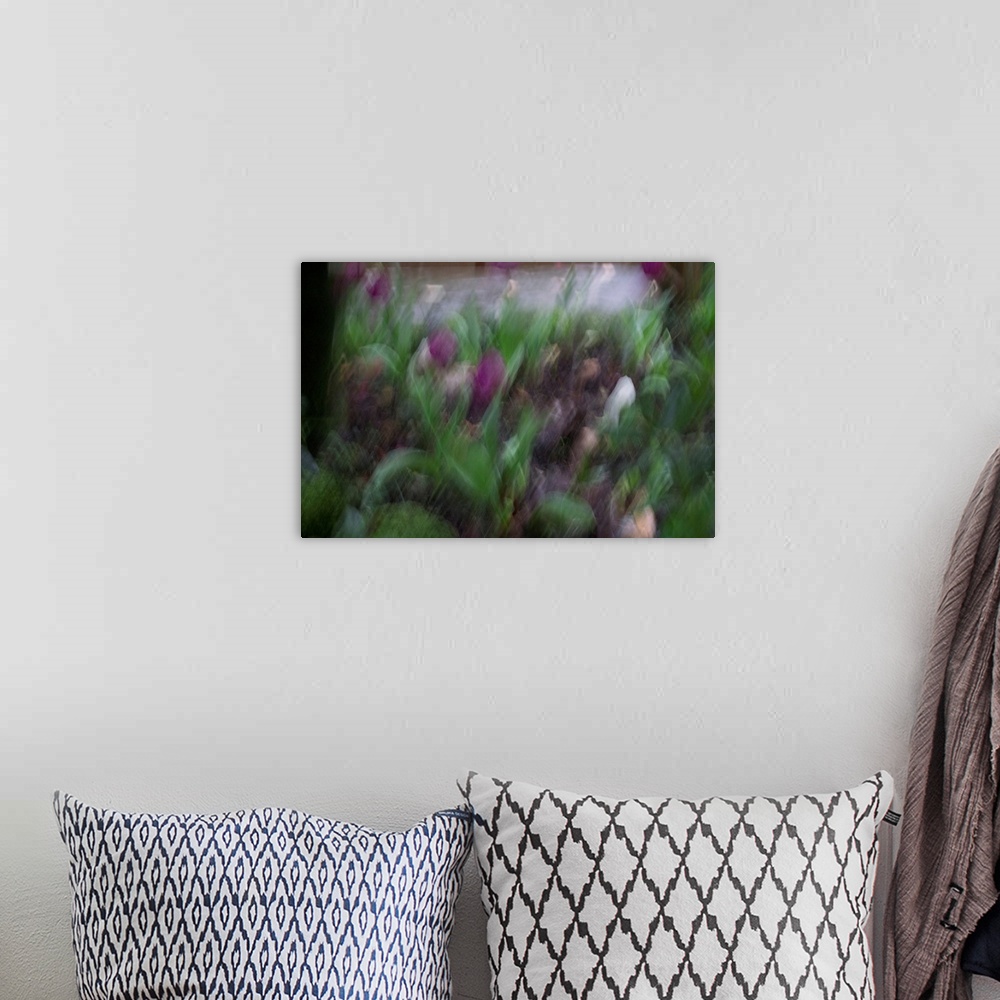 A bohemian room featuring Impressionist photograph of a garden with intentional movement.