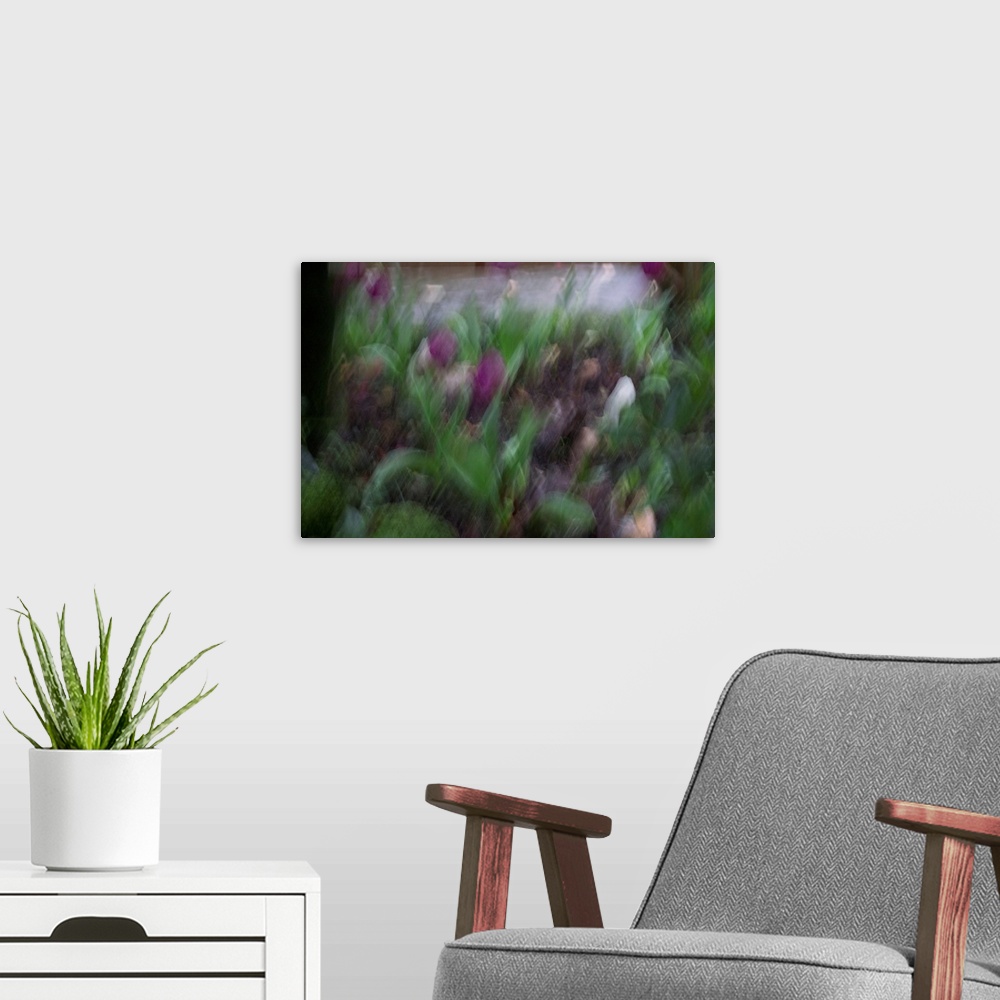 A modern room featuring Impressionist photograph of a garden with intentional movement.